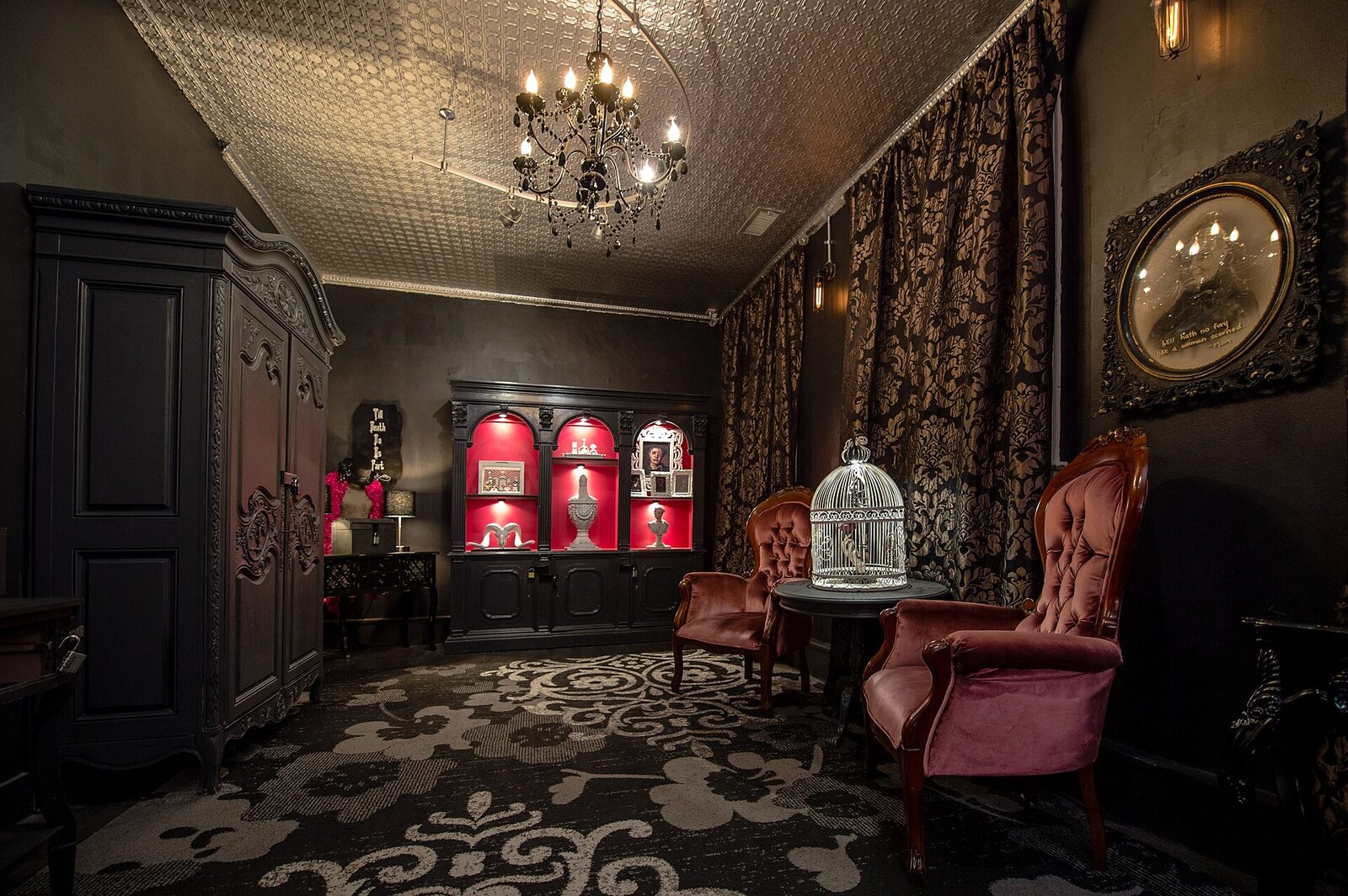 A dark mystery room filled with hidden lore and story clues